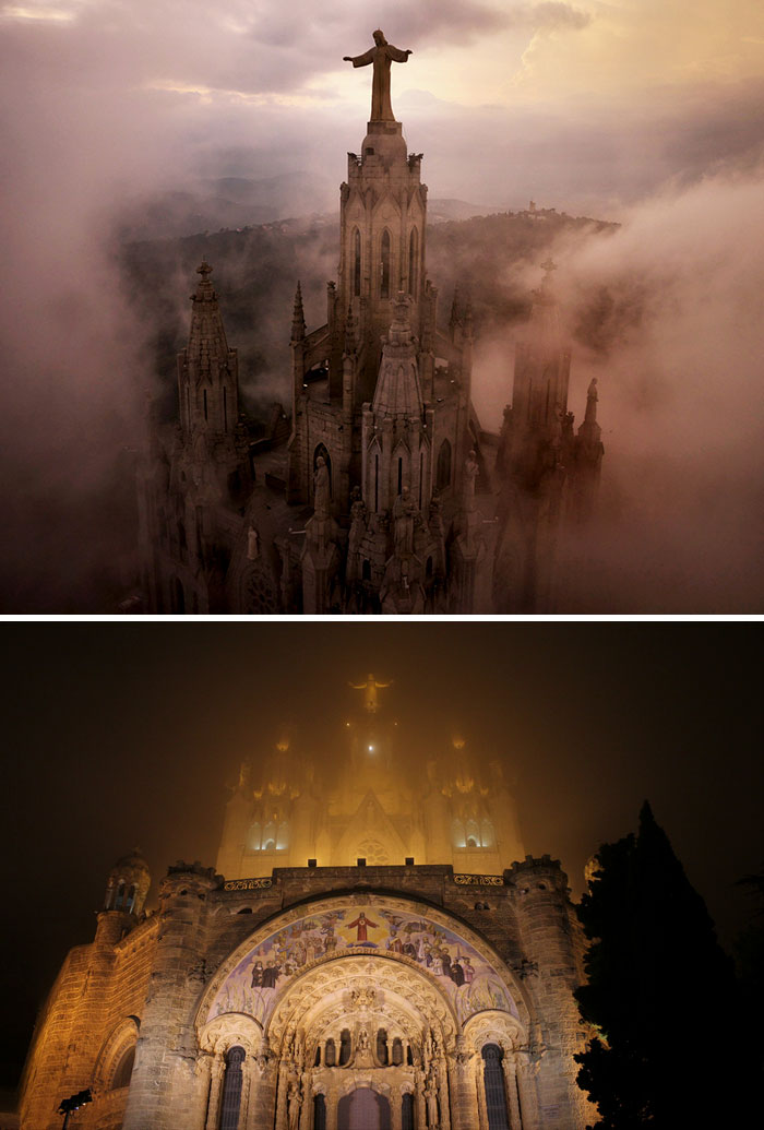 Clouds swirl through the pillars of Sagrat Cor Church, high on a hill above Barcelona. Twenty minutes later a thunderstorm hit the city.
